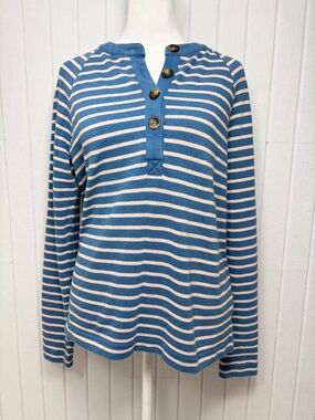 Boden Womens Blue Pink Striped Long Sleeve Henley Top Raglan Ribbed Knit Size 8